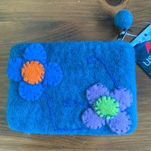 NWT SHERPA Blue Felted Wool Zippered Coin Purse, 6” X 4-1/4”.